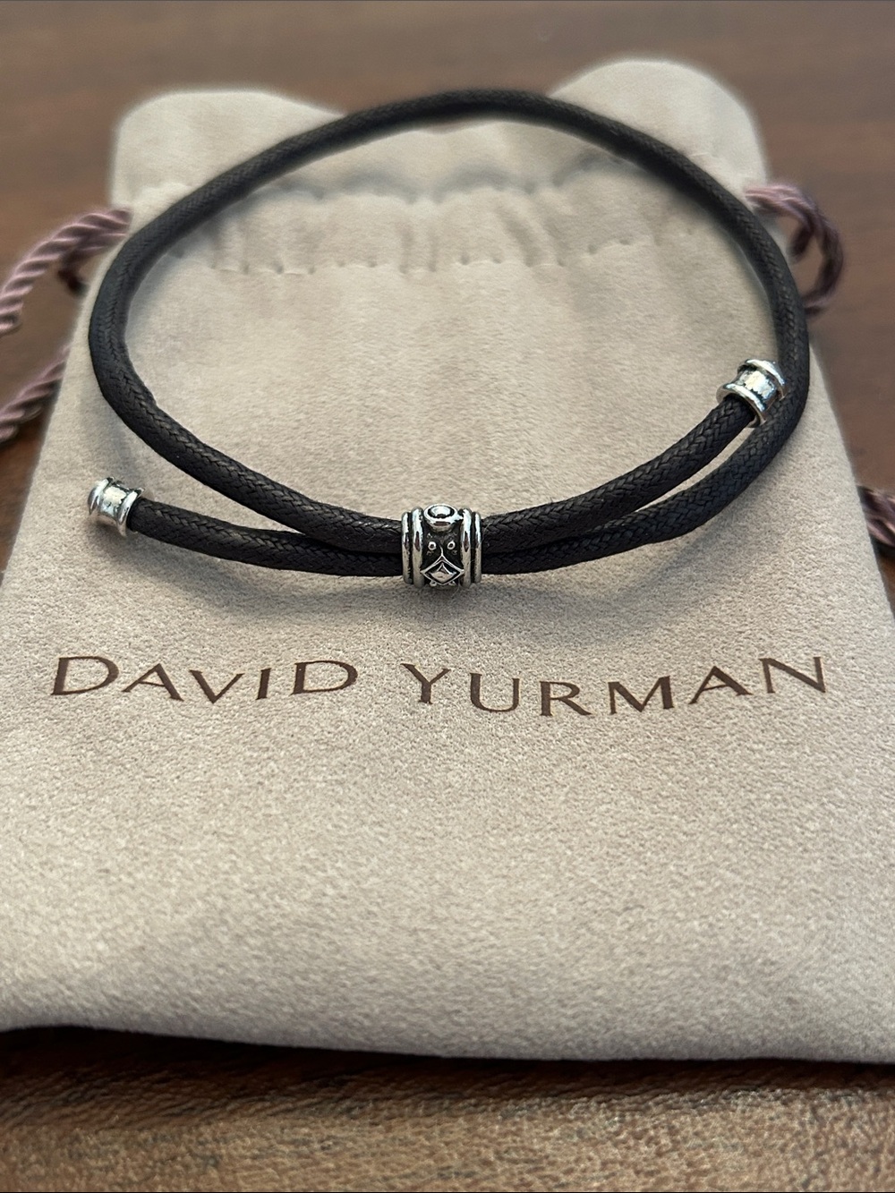 David Yurman Black Leather Wrap Bracelet with Sterling Accents